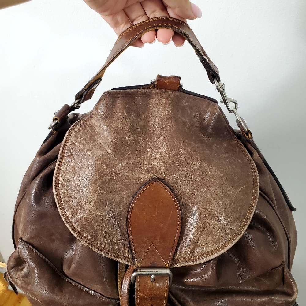 Vintage 90s RUGBY North America Pebbled Leather Drawstring Backpack Brown - Picture 7 of 13